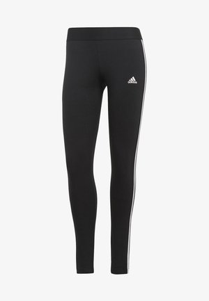 Sorte leggings lavet af strækstof, med høj talje, hvide sidelister og et lille hvidt logo på venstre hofte.