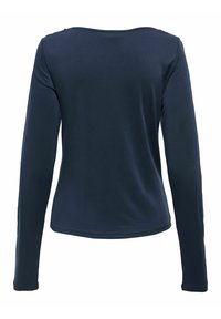 Langærmet marineblå top med rund halsudskæring, lavet af glat stof, med et tætsiddende design og en let buet kant.