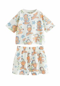 T-shirt og shorts sæt lavet af bomuld med pastelfarvede Garfield karakter mønstre og blomsterdesigns, der har en afslappet pasform og elastisk talje.