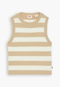 Mikrojaattonen hihaton neulepaita vaaleanbeige ja valkoisena, jossa on ribattu pyöreä pääntie ja Levi's-tunnus sivussa. Pehmeä tekstuuri.