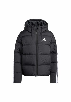Schwarze Steppjacke mit Kapuze, ausgestattet mit einem vorderen Reißverschluss, einem horizontal gesteppten Muster und weißen Streifen entlang der Ärmel.