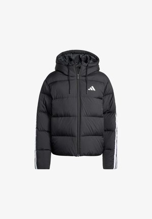 Giacca imbottita nera con cappuccio, dotata di zip frontale, design trapuntato orizzontale e strisce bianche lungo le maniche.