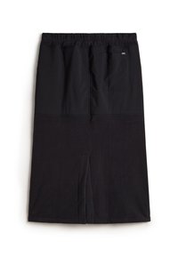 Jupe noire longueur genou avec taille élastique, poche plaquée au dos et fente centrale au dos.