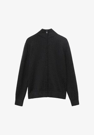 Čierny pletený sveter s vysokým golierom a plným zipsom. Obsahuje dlhé rukávy a rebrované manžety a spodný lem. Mäkka textúra.