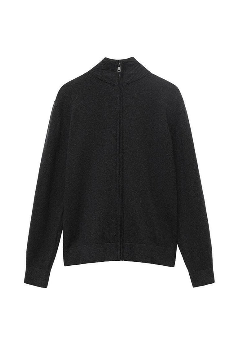 Maglione nero a maglia con colletto alto e zip lungo. Presenta maniche lunghe e polsini e orlo a costine. Texture morbida.