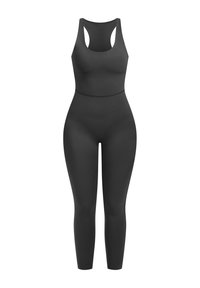 Zwarte, strakke bodysuit met een racerback-ontwerp. Gemaakt van glad, rekbaar materiaal. Heeft een naadloze afwerking en lange pijpen.