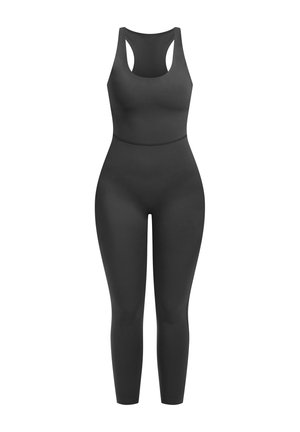 Schwarzer, enganliegender Bodysuit mit Racerback-Design. Hergestellt aus glattem, dehnbarem Material. Verfügt über eine nahtlose Verarbeitung und lange Beine.