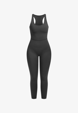 Bodysuit noir ajusté avec un design à dos nageur. Fabriqué en matériau lisse et extensible. Présente une finition sans coutures et des jambes longues.