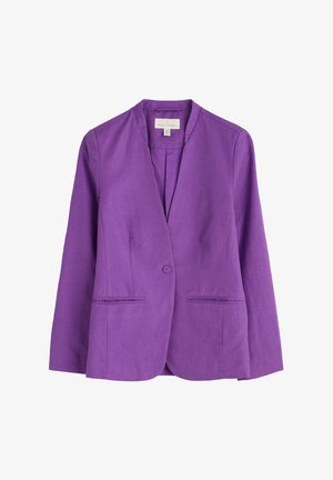Paarse blazer van linnen met een enkele knoopsluiting, notch-kraag en twee voorzakken. Heeft een getailleerde pasvorm en een gladde textuur.