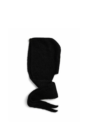 Sort strikket hue med en struktureret overflade, der har lange snore i bunden til sikker fastgørelse. Enkel, funktionel design.