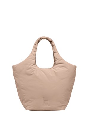 Borsa tote imbottita beige con manici arrotondati e un design minimalista in tessuto morbido, adatta per un uso casual.