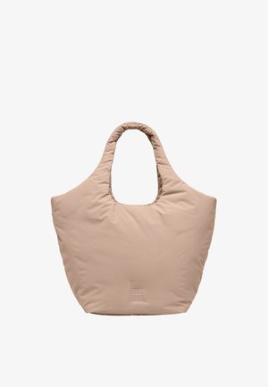Beige, polstret tote-taske med afrundede håndtag og et minimalistisk, blødt stofdesign, velegnet til afslappet brug.