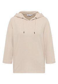 Beige ribbad huvtröja med trekvartslånga ärmar, justerbara dragsnören och en liten etikett vid kragen som visar märke och storlek.