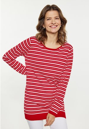 Maglione a righe rosse e bianche con maniche lunghe, scollatura tonda e vestibilità comoda, caratterizzato da un bordo e polsini a coste.