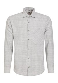 Grijze langarm shirt van een gestructureerde stof, met knoopsluiting aan de voorkant, een enkele borstzak en een klassieke kraag. De knopen zijn rond en licht.