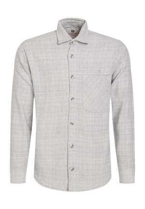 Camicia grigia a maniche lunghe con tessuto testurizzato, chiusura anteriore con bottoni, una tasca sul petto e colletto classico. I bottoni sono circolari e leggeri.
