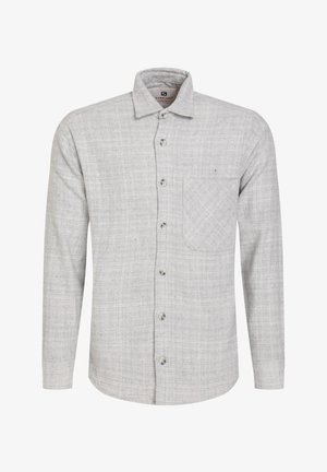 Camicia grigia a maniche lunghe con tessuto testurizzato, chiusura anteriore con bottoni, una tasca sul petto e colletto classico. I bottoni sono circolari e leggeri.