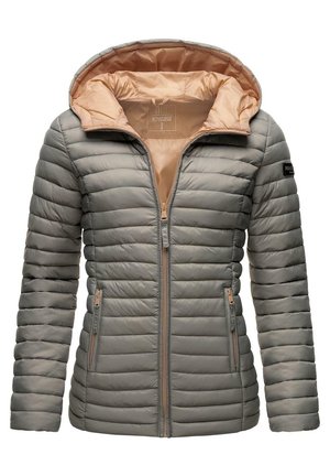 Veste matelassée grise pour femme avec capuche, doublure couleur pêche, fermeture éclair devant et poches latérales zippées.