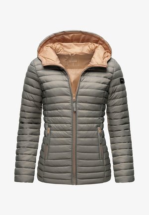 Veste matelassée grise pour femme avec capuche, doublure couleur pêche, fermeture éclair devant et poches latérales zippées.