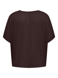 Dark brown short-sleeve loose knit top with a round neckline, shown from the back on a white background.