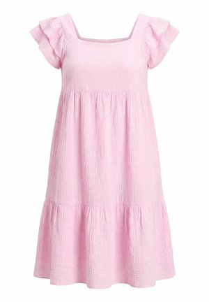 Lyserød kjole til knæet med firkantet halsudskæring, flagrende ærmer, rynket talje og lagdelt skørt i struktureret stof.