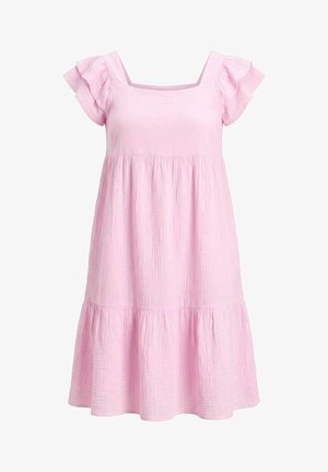 Hellrosa knielanges Kleid mit quadratischem Ausschnitt, flügelartigen Ärmeln, geraffter Taille und gestuftem Rock aus strukturiertem Stoff.