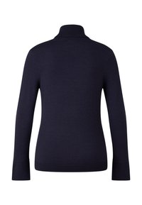 Dunkelblaues langärmeliges Rollkragenpullover mit geripptem Kragen, Ärmeln und Saum, von hinten auf einem weißen Hintergrund gezeigt.