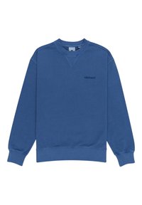 Sweat-shirt bleu en tissu doux, doté d'un col ras du cou, de poignets côtelés et d'un discret logo sur la poitrine.
