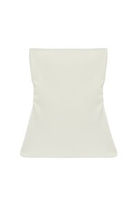 Corsé sin tirantes de color crema con una ligera forma de reloj de arena y textura suave sobre un fondo blanco.
