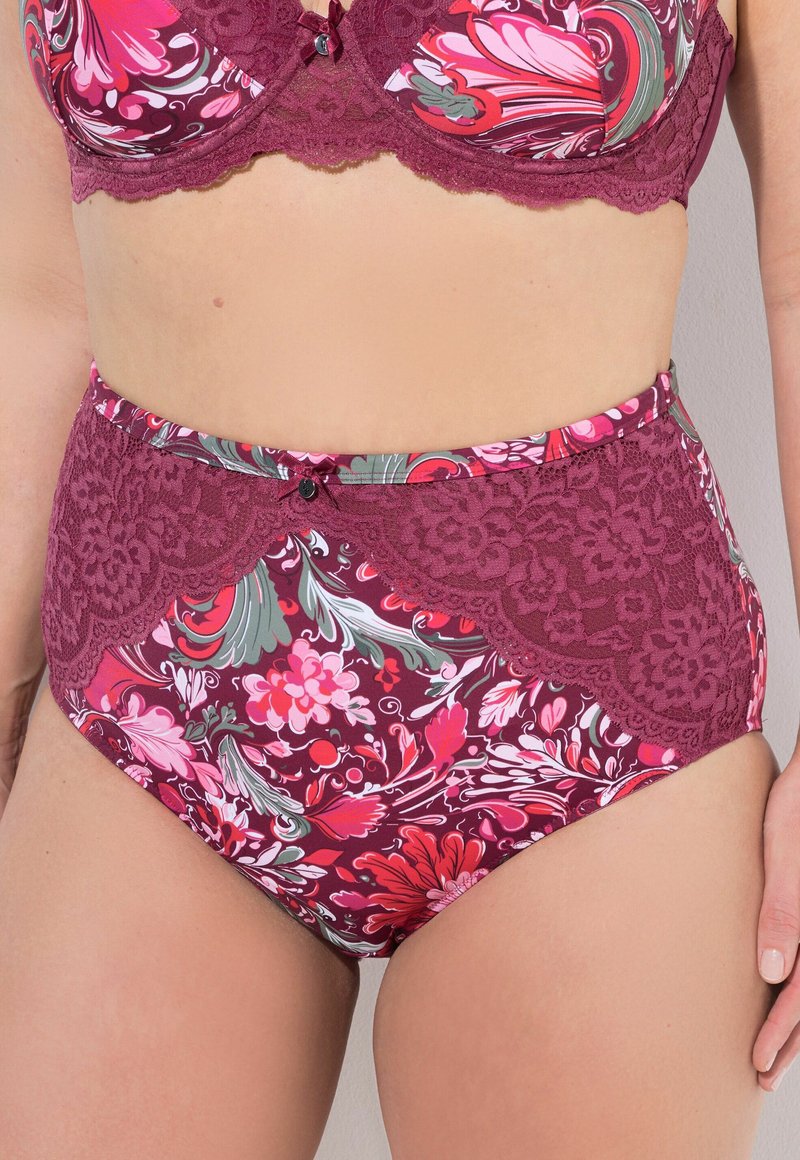 Bordeaux hoge taille bikini-slip met bloem- en loofpatronen in roze en groen. Kantdetails bij de taille en aan de voorkant.