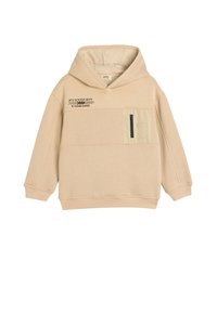 Sudadera con capucha beige, fabricada en una mezcla de algodón, cuenta con un bolsillo frontal con cremallera y detalles de texto impreso en el pecho. Textura suave.