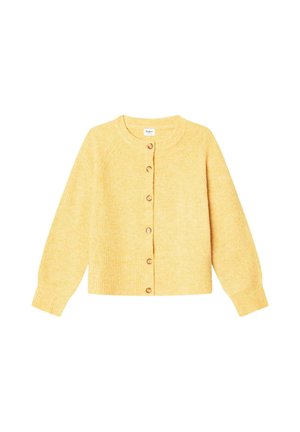 Gelber gestrickter Cardigan mit langen Ärmeln und sechs braunen Knöpfen vorne, auf weißem Hintergrund dargestellt.