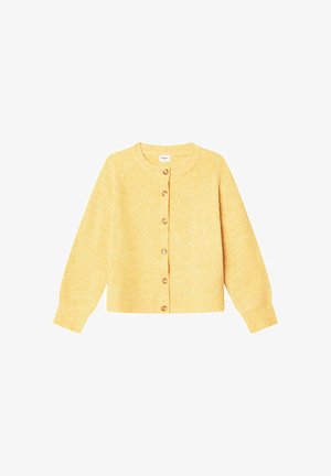 Gelber gestrickter Cardigan mit langen Ärmeln und sechs braunen Knöpfen vorne, auf weißem Hintergrund dargestellt.