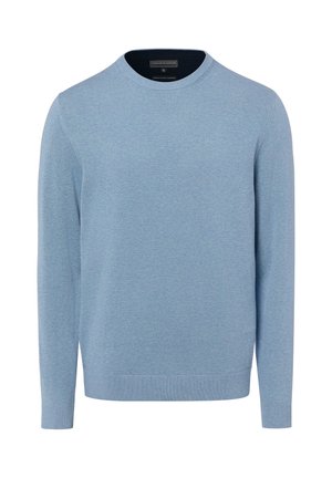 Pull bleu clair à manches longues avec col rond, poignets et ourlet côtelés, présenté sur fond blanc.