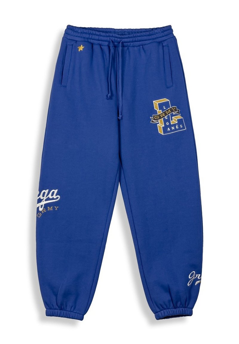 Blaue Fleece-Jogginghosen mit elastischem Bund und Bündchen, die goldene Drucklogos, einen Sterne-Akzent und eine glatte Textur aufweisen.