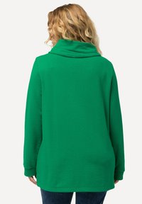 Camiseta verde de manga larga con cuello tipo cowl, hecha de tela suave. El diseño presenta un corte holgado y puños acanalados. Vista trasera.