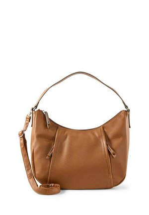 Sac bandoulière en cuir brun texturé avec poignée courte, sangle longue amovible et fermeture éclair sur fond blanc.