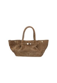 Borsa tote in suede marrone con due manici, forma rettangolare e parte superiore piatta. Dotata di una chiusura in metallo dorato e un branding discreto sul lato.