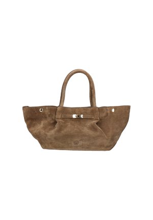 Sac fourre-tout en daim marron avec deux poignées, de forme rectangulaire et un dessus plat. Équipé d'un fermoir en métal doré et de marquages subtils sur le côté.