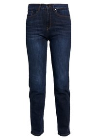 Mörkblå denimjeans med rak passform, femficksdesign, subtila tvättningar och bronspfärgade detaljer. Låg midja.