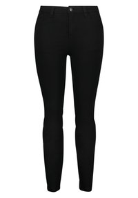 Jeans skinny noirs en matière coton extensible. Comprend cinq poches, une fermeture à bouton et zip à l'avant, et une texture lisse.