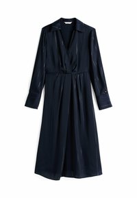 Vestido cruzado azul marino en tejido liso con rayas verticales, mangas largas y cuello. Presenta cintura con lazada y diseño minimalista.