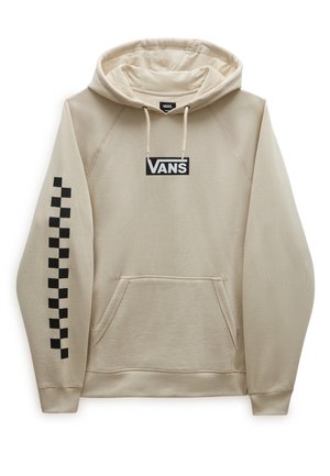 Beige Vans-hoodie med forlomme, sort Vans-logo på brystet og sort ternet mønster på venstre ærme.