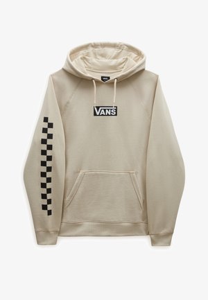 Beige Vans-hoodie med forlomme, sort Vans-logo på brystet og sort ternet mønster på venstre ærme.