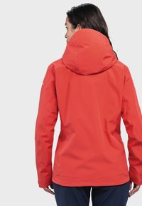 Red waterproof jacket with a hood, smooth texture, adjustable cuffs, and a fitted design, shown from the back with no visible logos or patterns.