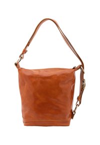 Borsa a secchiello in pelle marrone con una sola tracolla regolabile, texture liscia e leggero lucido. Presenta una chiusura con zip e dettagli in metallo.