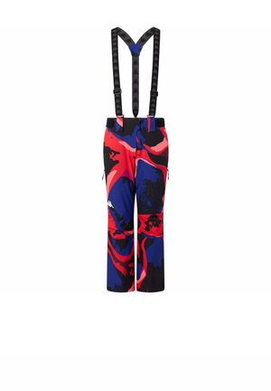 Pantaloni da sci con bretelle nere regolabili, caratterizzati da un motivo multicolore di rosso, blu e nero, e tasche laterali con zip.