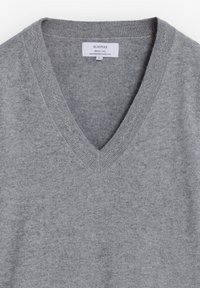 Maglione grigio a collo a V realizzato in tessuto morbido, con colletto a costine e texture liscia. Il design è semplice, senza ulteriori motivi.