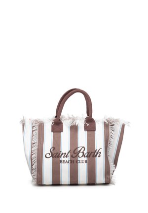 Borsa da spiaggia con righe verticali marroni e bianche, bordi sfrangiati, manici imbottiti e "Saint Barth Beach Club" ricamato sul davanti.