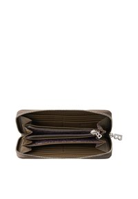 Brown leather wallet with a zippered closure, featuring multiple card slots and two zip compartments. Interior has a patterned lining.
